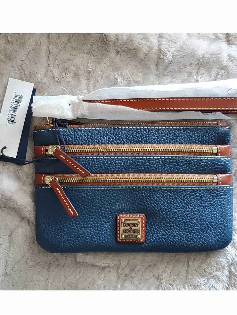 New Dooney & Bourke Triple Zip Wristlet Blue Pebble Leather